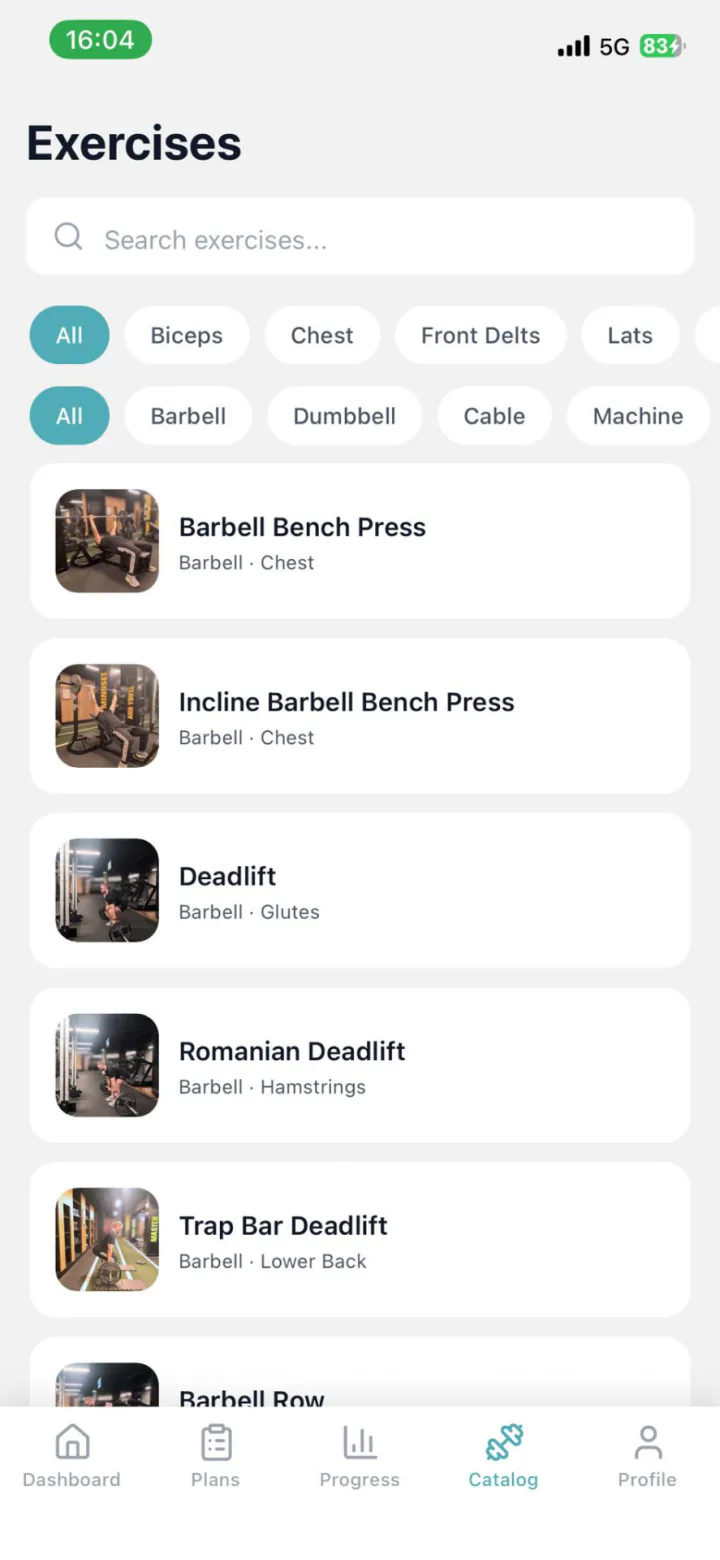 Exercise catalog with search and filters for muscle group and equipment