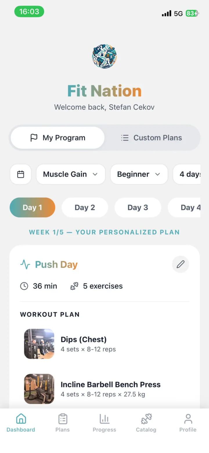Fit Nation dashboard showing a personalized weekly training program
