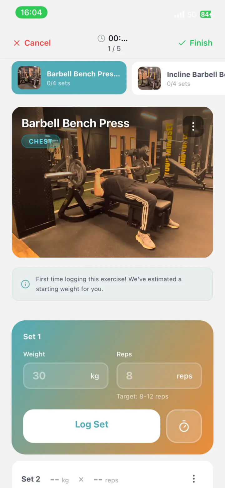 Active workout screen logging weight and reps for set one of barbell bench press