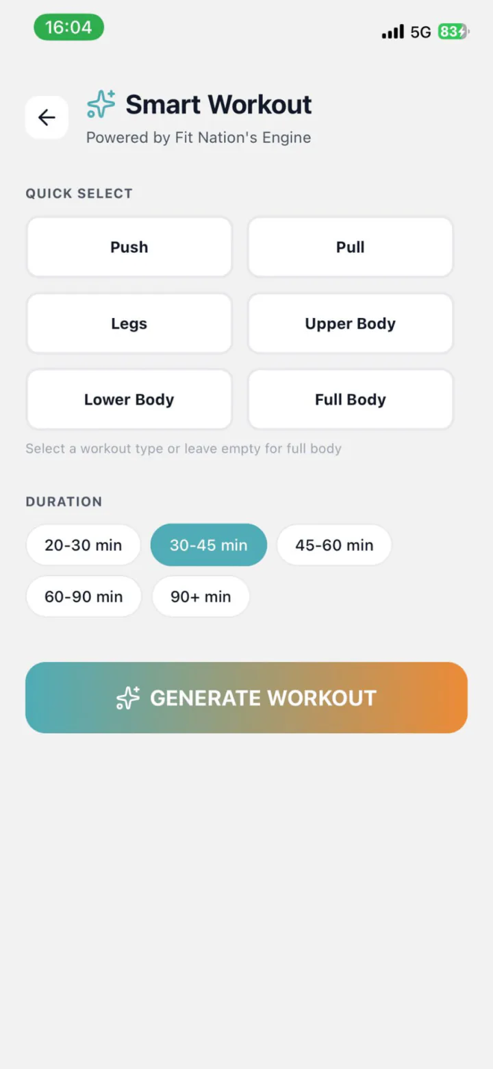 Smart Workout screen with quick select workout types and duration options