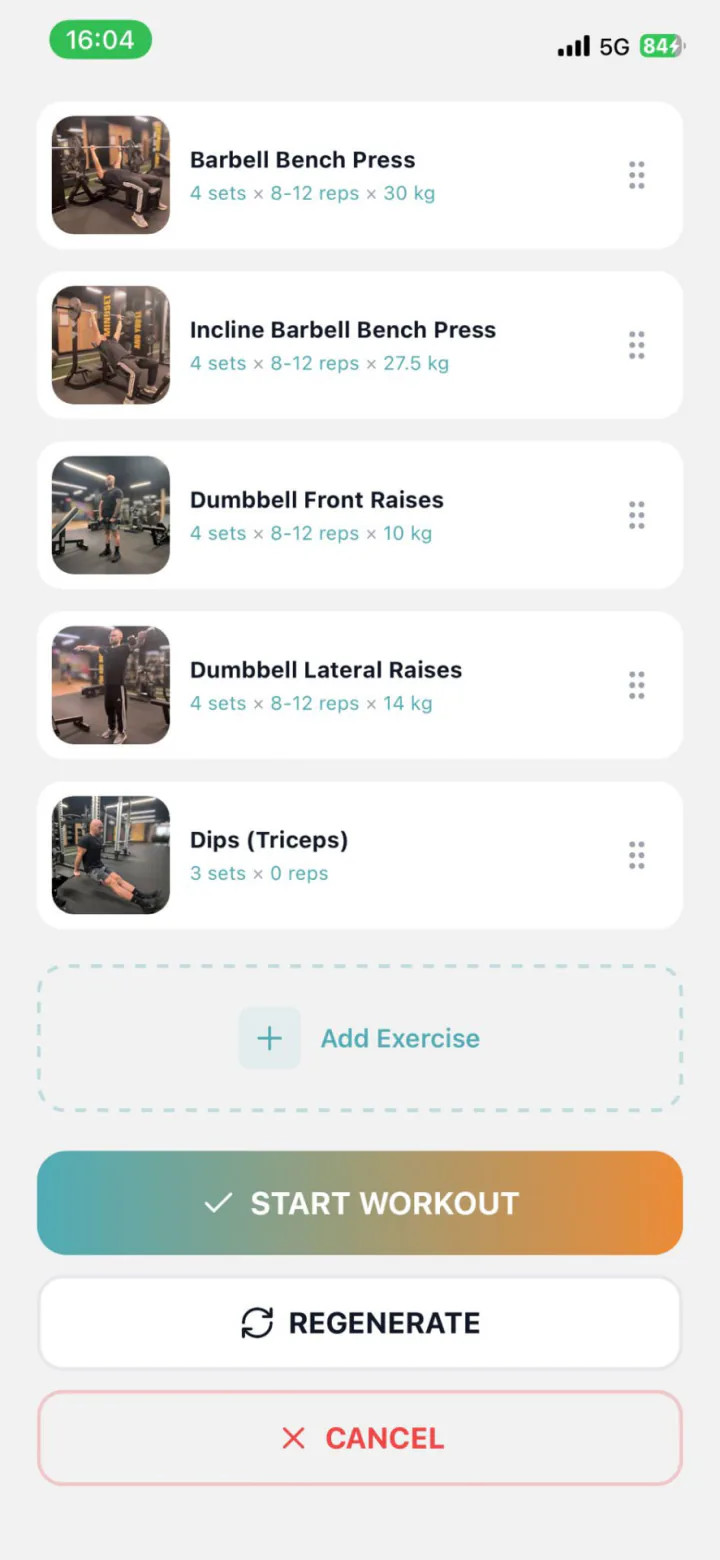 Workout preview listing five exercises with sets, reps and weights before starting